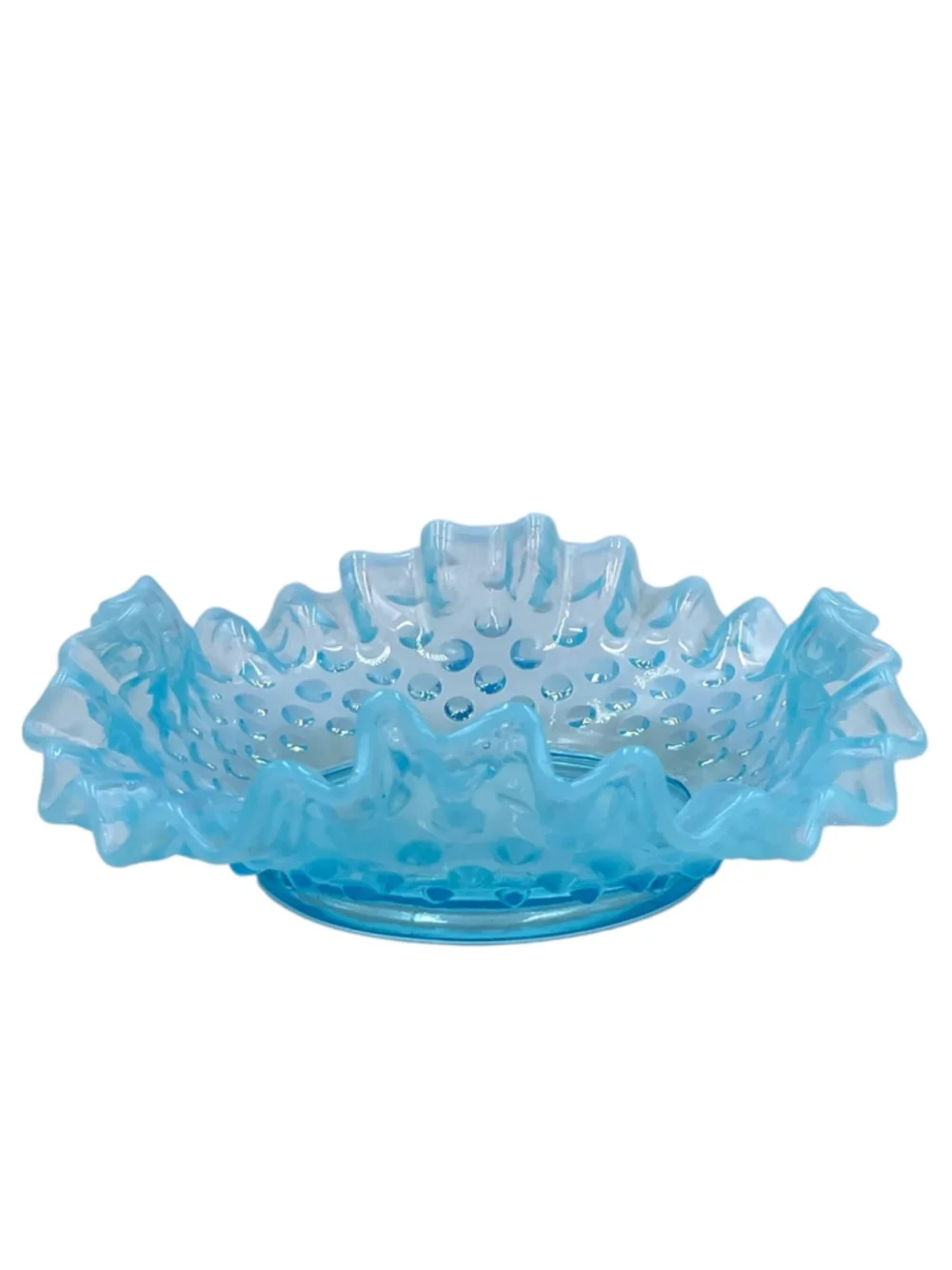 Vintage Fenton Blue Opalescent Hobnail Ruffled Fan Vase & Bon Bon Dish